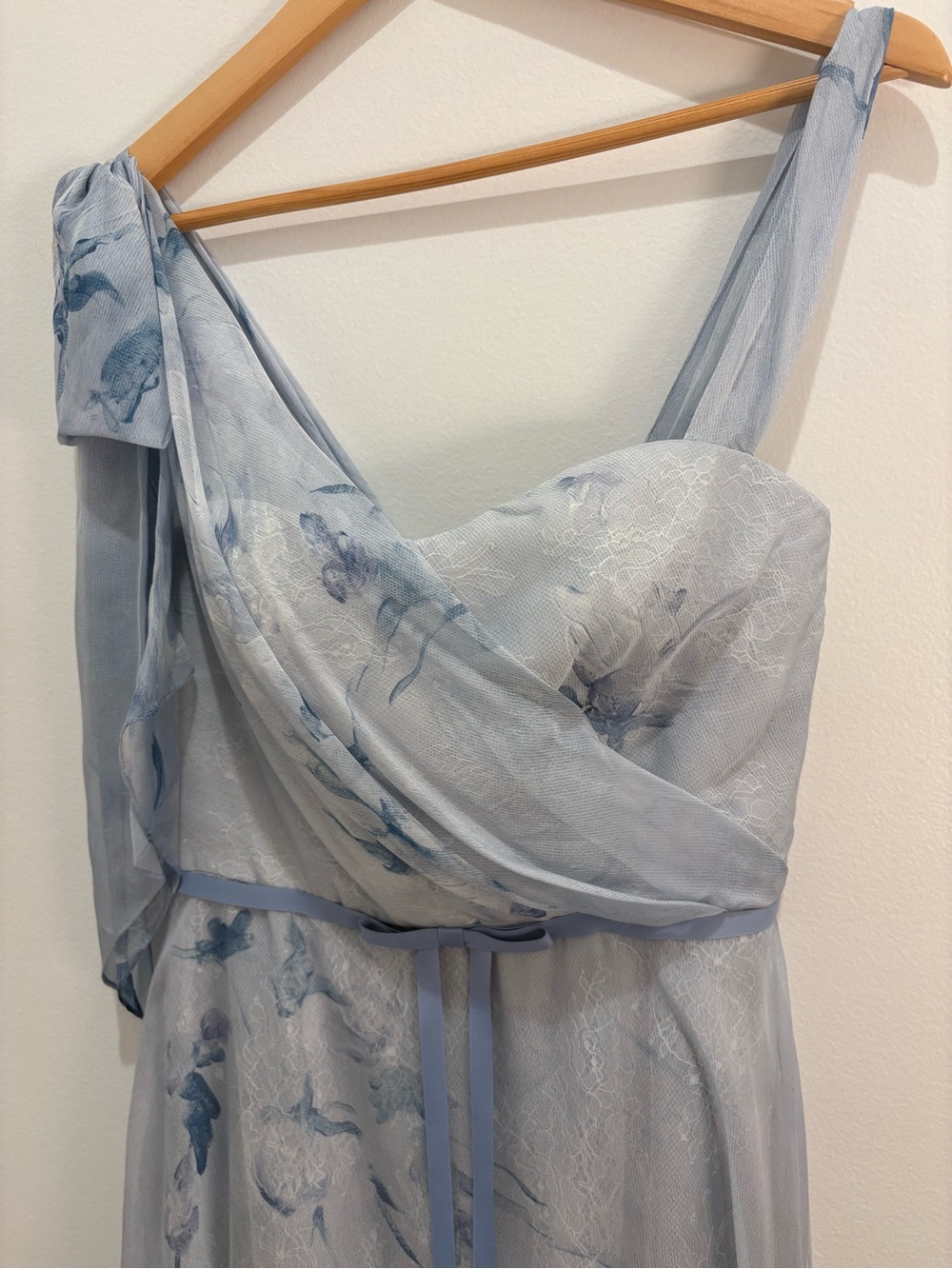 Marchesa Notte: Pale Blue Floral One-Shoulder Chiffon Gown